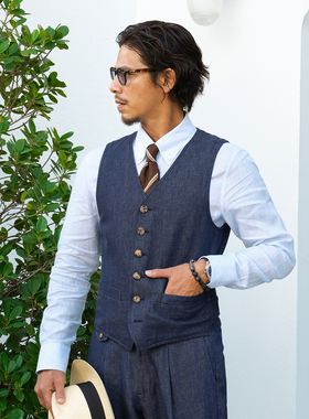 艾比路春夏DU家比利时亚麻牛仔洗水丹宁NAPOLI夏季复古绅士马夹