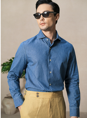 25春夏轻薄牛仔水洗NAPOLI意式温莎领复古绅士高级男式长袖衬衫