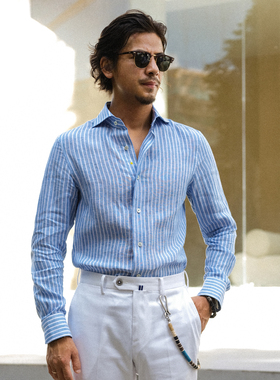 春夏复古绅士NAPOLI进口亚麻条纹温莎领绣花长袖衬衫