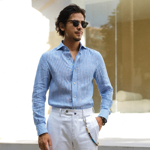 温莎领长袖复古绅士绣花亚麻衬衫