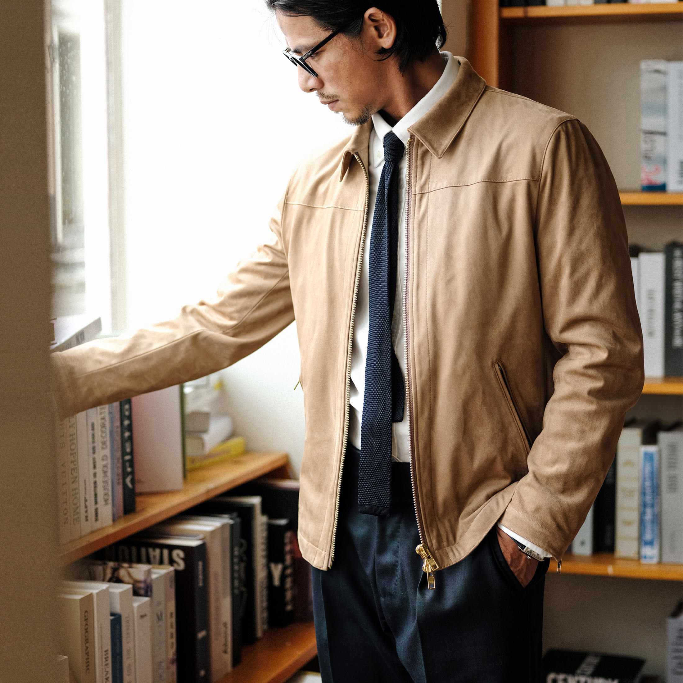 翻领秋冬质感金铜拉链麂皮绒夹克