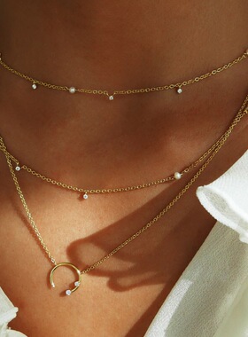 仙气十足锆石欧美叠加佩戴短项链