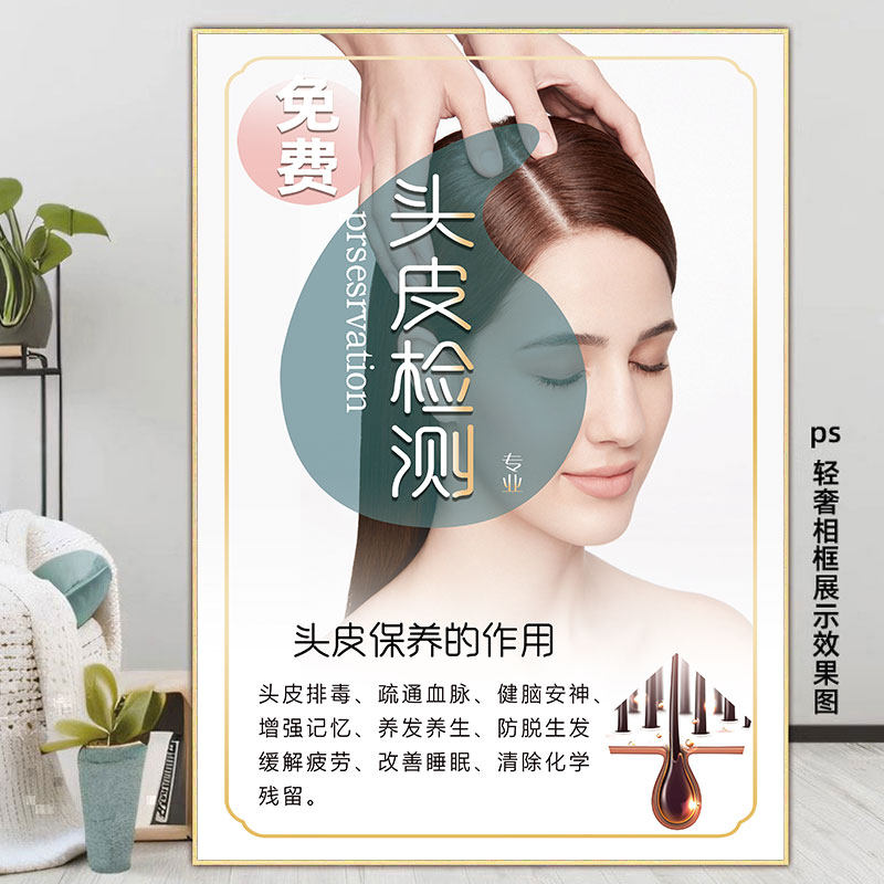 头疗挂画头皮抗衰宣传画中药茶麸生姜广告头皮检测图片白转黑海报