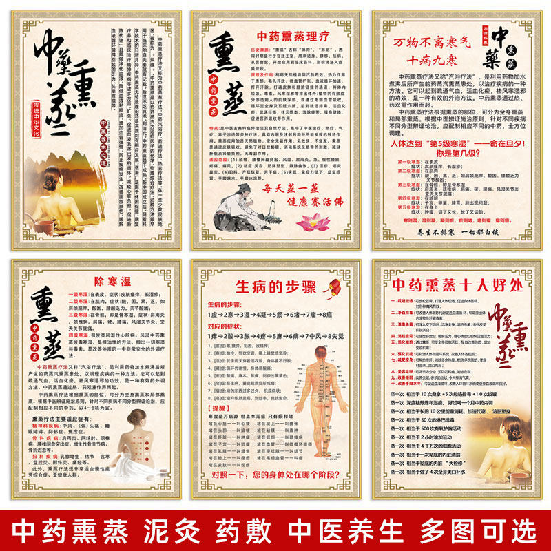 中药熏蒸的功效海报装饰画泥灸养生美容院宣传画艾灸针灸拔罐广告