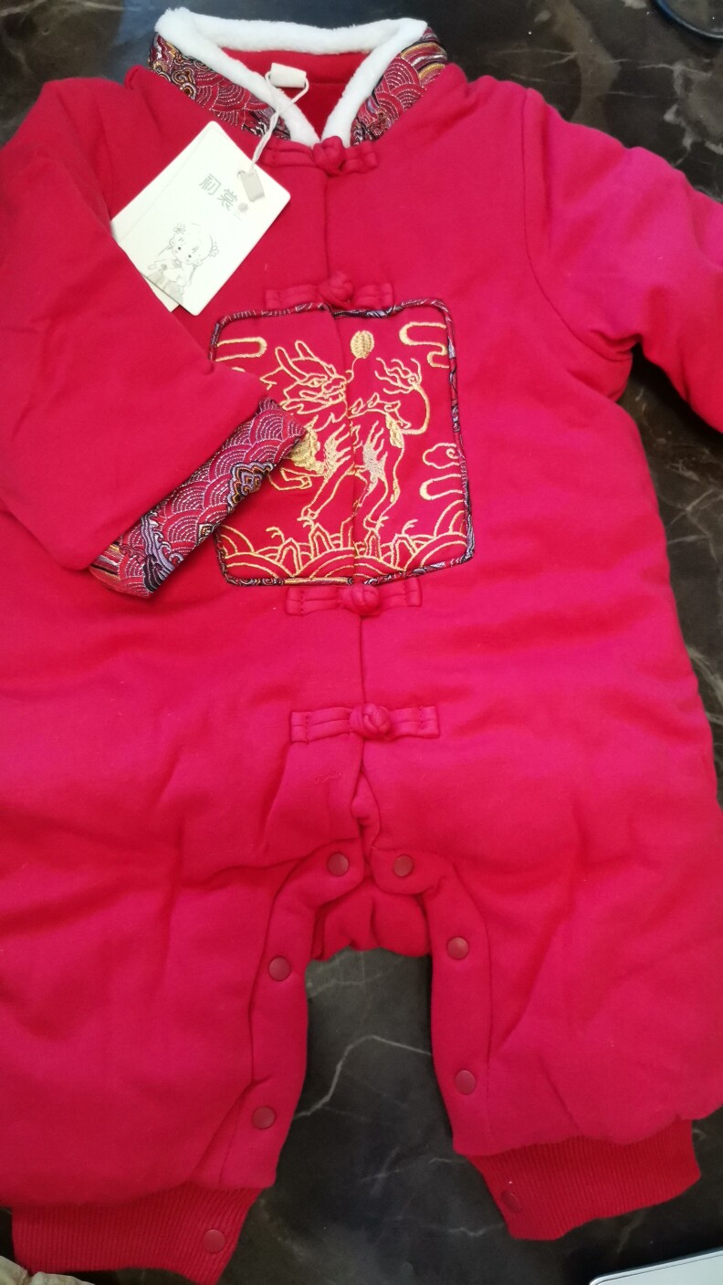 萌？乎冬款宝宝加棉连体衣婴儿哈衣爬服新年装加厚拜年服图片