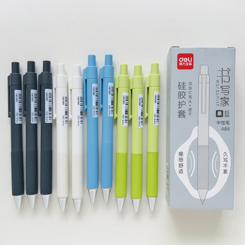 得力A89书写家速干按动中性笔0.5mm双球珠ST头办公学生专用笔黑色