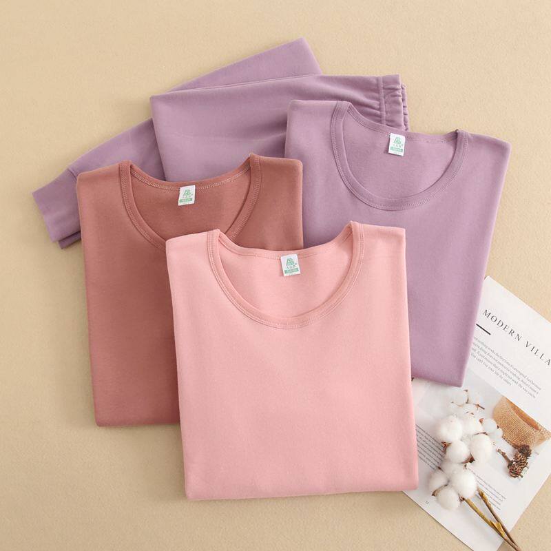 AB内衣女生圆领100%纯棉修身透气棉毛衫打底秋衣秋裤保暖两件套装