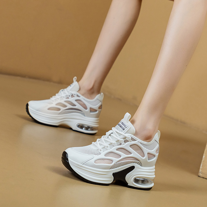 潮流星期天2025夏季女鞋新款内增高8cm松糕坡跟厚底休闲运动网鞋