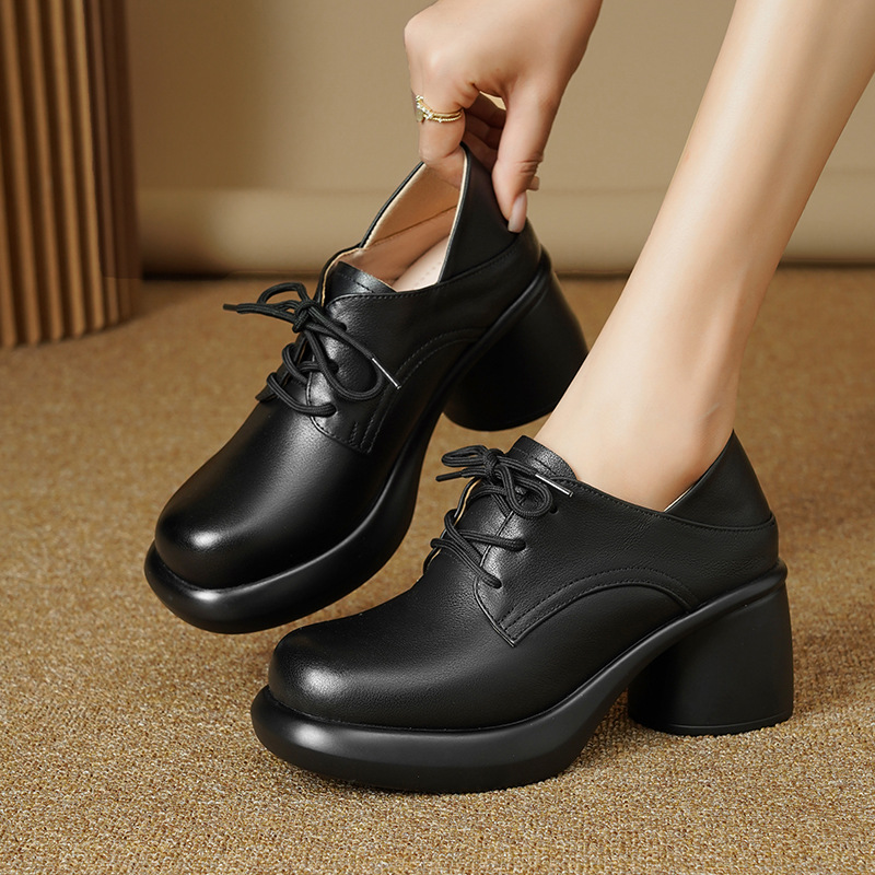 黑色厚底高跟单鞋女鞋春秋粗跟系带女士皮鞋真皮软底妈妈鞋子女款