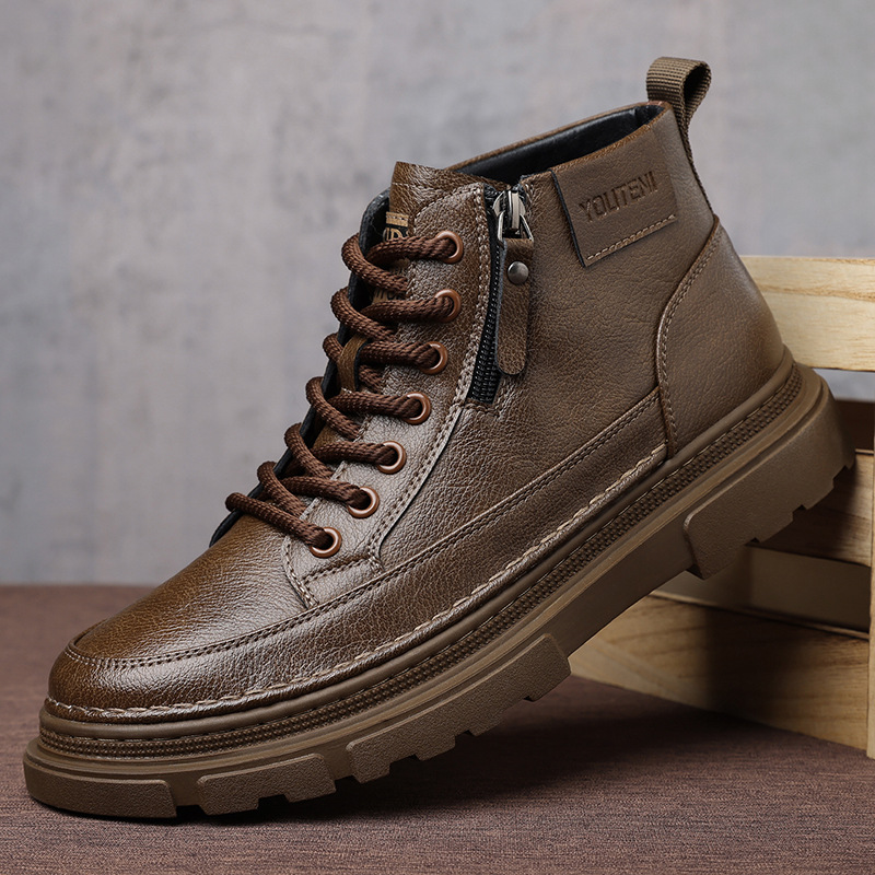 跨境马丁靴男秋冬新款加绒保暖复古中帮板鞋男士厚底爆款休闲皮鞋