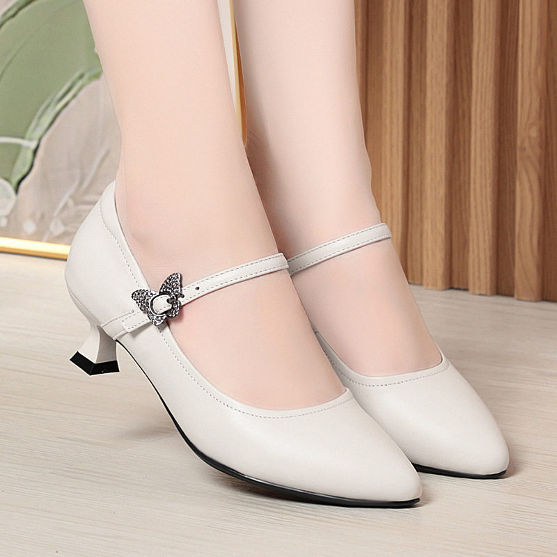 新款黑色高跟鞋女细跟一字带真皮女鞋子跳舞鞋软底妈妈皮鞋工作鞋