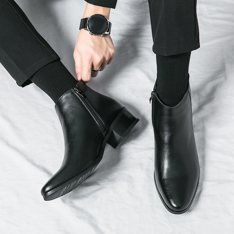 外贸2025大码侧拉链高帮皮鞋男尖头英伦休闲棉鞋马丁靴切尔西皮靴