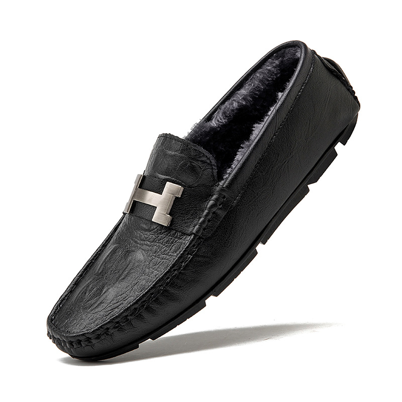 2829-2男鞋加绒豆豆鞋冬季低帮套脚一脚蹬平底棉鞋牛皮面休闲鞋皮