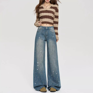 MDCW STUDIO带钻牛仔裤女2026新款满天星烫钻爆闪宽松直筒阔腿裤