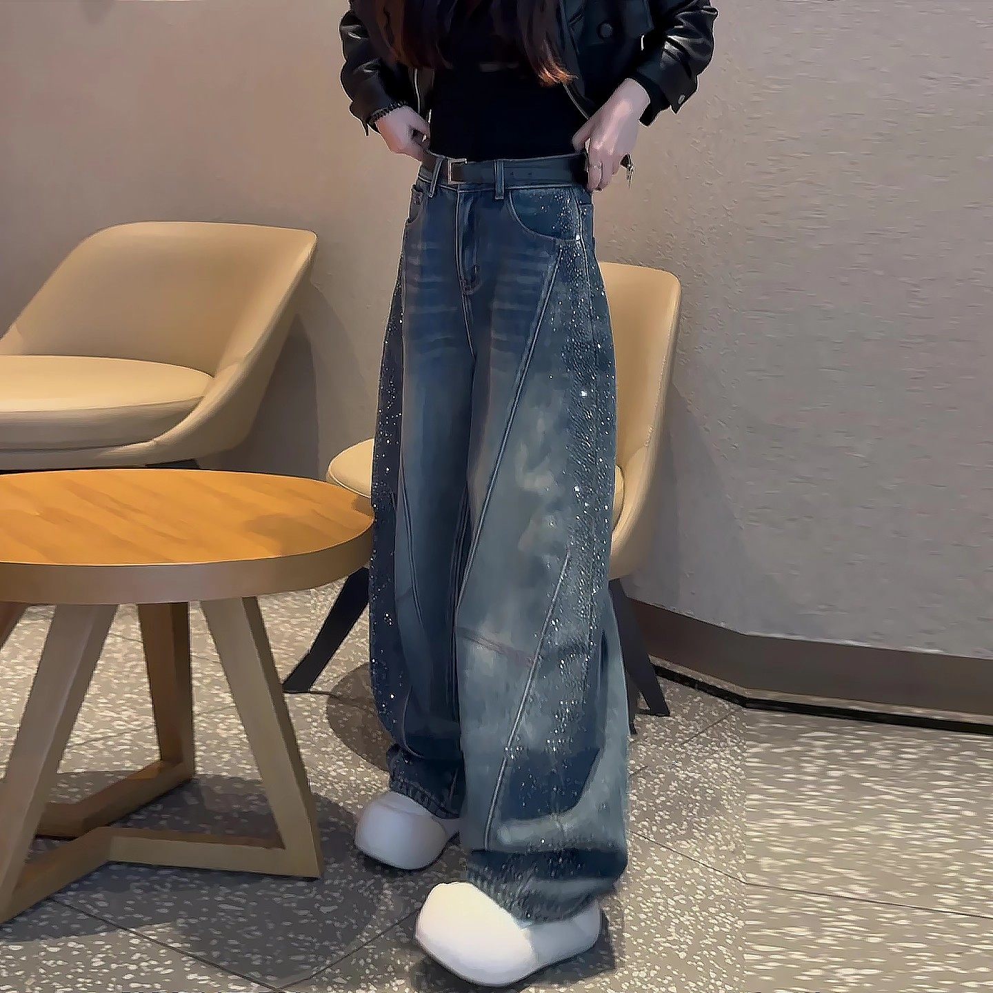 MDCW STUDIO烫钻牛仔裤女春秋冬2026新款大码胖mm宽松弯刀阔腿裤,女装/女士精品,大码裤装,淘宝优惠券,粉丝福利购,淘宝优惠卷