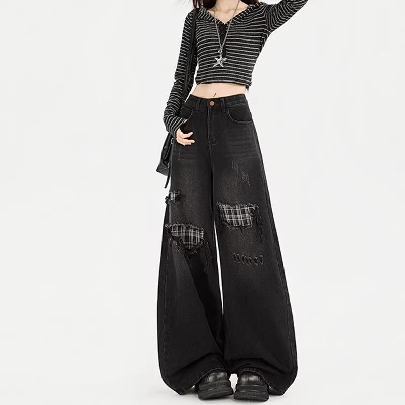 MDCW STUDIO美式复古格纹牛仔裤女2026年新款高腰显瘦宽松阔腿裤,女装/女士精品,牛仔裤,淘宝优惠券,粉丝福利购,淘宝优惠卷