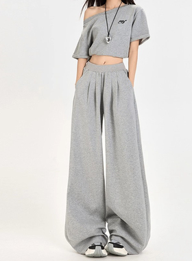 MDCW STUDIO美式灰色阔腿运动裤女2025秋季新款高腰慵懒休闲卫裤