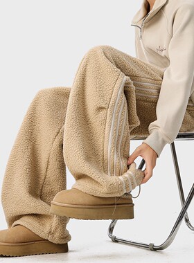 MDCW STUDIO美式织带条纹摇粒绒棉裤女2025冬季新款加绒阔腿卫裤