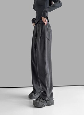 MDCW STUDIO美式灰色运动裤女2025秋冬新款潮流百搭加绒阔腿裤子