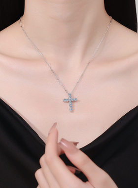 S925纯银吊坠满钻莫桑石简约时尚十字架项链莫桑石项链女