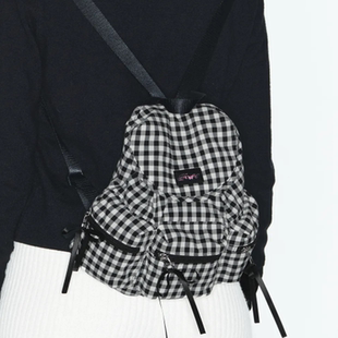 韩国小众格子双肩包多口袋蝴蝶结系带通勤百搭时尚小背包女