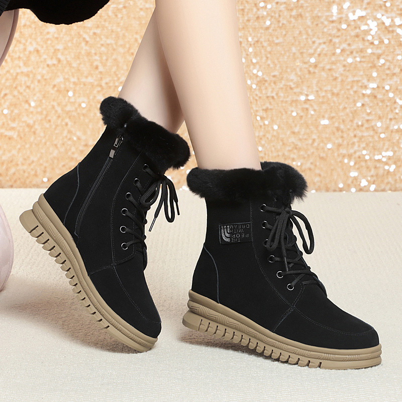 2025小香风雪地靴女冬加绒加厚中筒保暖棉鞋简约系带厚底马丁靴子