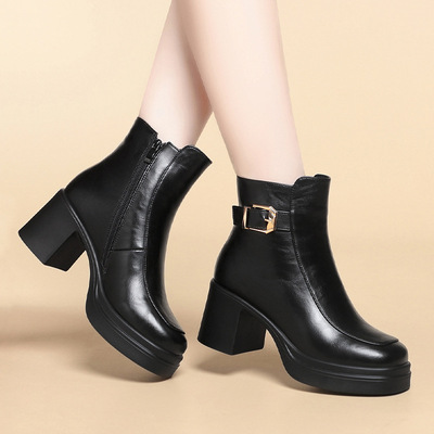 加绒保暖皮鞋女款马丁靴妈妈棉鞋女冬季靴子高跟厚底短靴一件代发