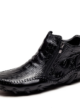 99011男鞋中帮八爪鱼皮靴秋冬套脚鳄鱼纹牛皮面加绒棉鞋休闲短靴