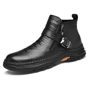 拉链鳄鱼纹牛皮面休闲棉鞋 皮靴秋冬高帮套脚真皮皮鞋 正装 9720男鞋