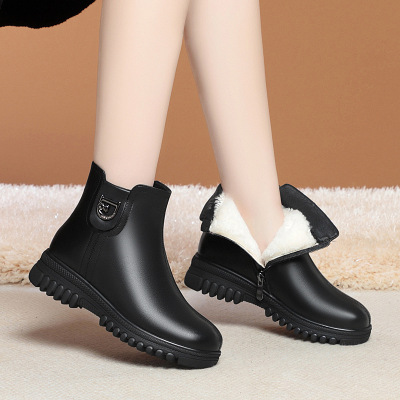 坡跟厚底妈妈棉鞋女冬季加绒女鞋中老年女士羊毛皮鞋软底短靴大码