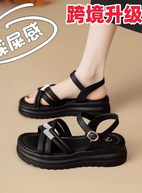 跨境高级感凉鞋女2026年夏季新款厚底软底仙女风配裙子黑色罗马鞋