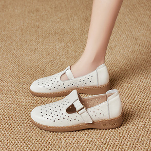真皮软底镂空凉鞋女款夏季透气女鞋女士单鞋中老年妈妈皮鞋洞洞鞋