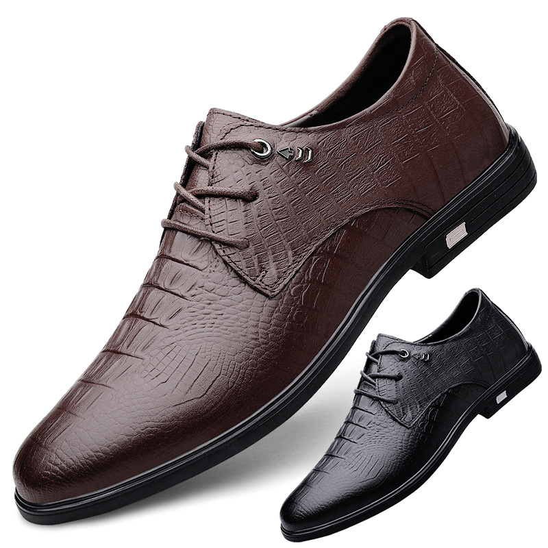 秋季系带加绒皮鞋冬季压花鳄鱼纹青年时尚百搭正装皮鞋加厚鞋男鞋