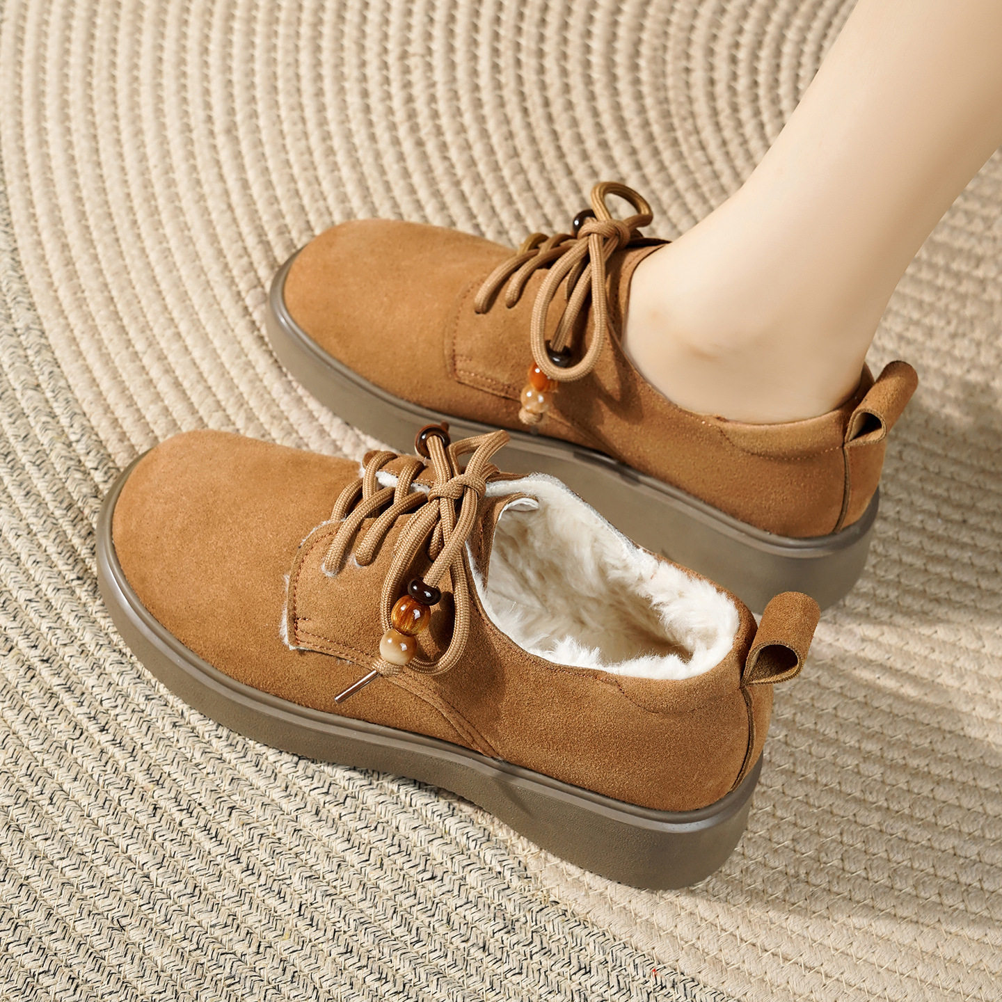 真皮厚底勃肯鞋女新款冬季加绒百搭低帮加绒棉鞋系带加绒乐福鞋女,女鞋,时尚休闲鞋,淘宝优惠券,粉丝福利购,淘宝优惠卷