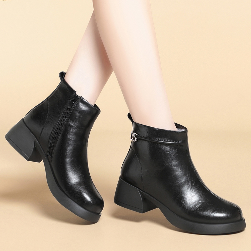 厚底棉鞋棕色靴子高跟短靴女款冬季加绒女鞋妈妈棉靴羊毛女士皮鞋