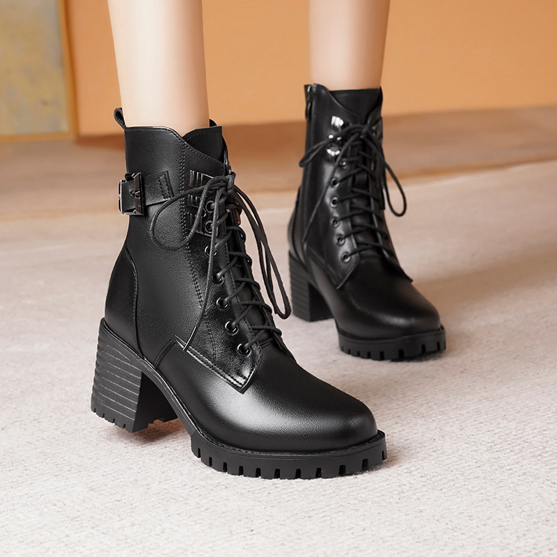 欧美秋冬新款圆头厚底粗高跟系带真皮短靴子ins网红黑色机车靴潮