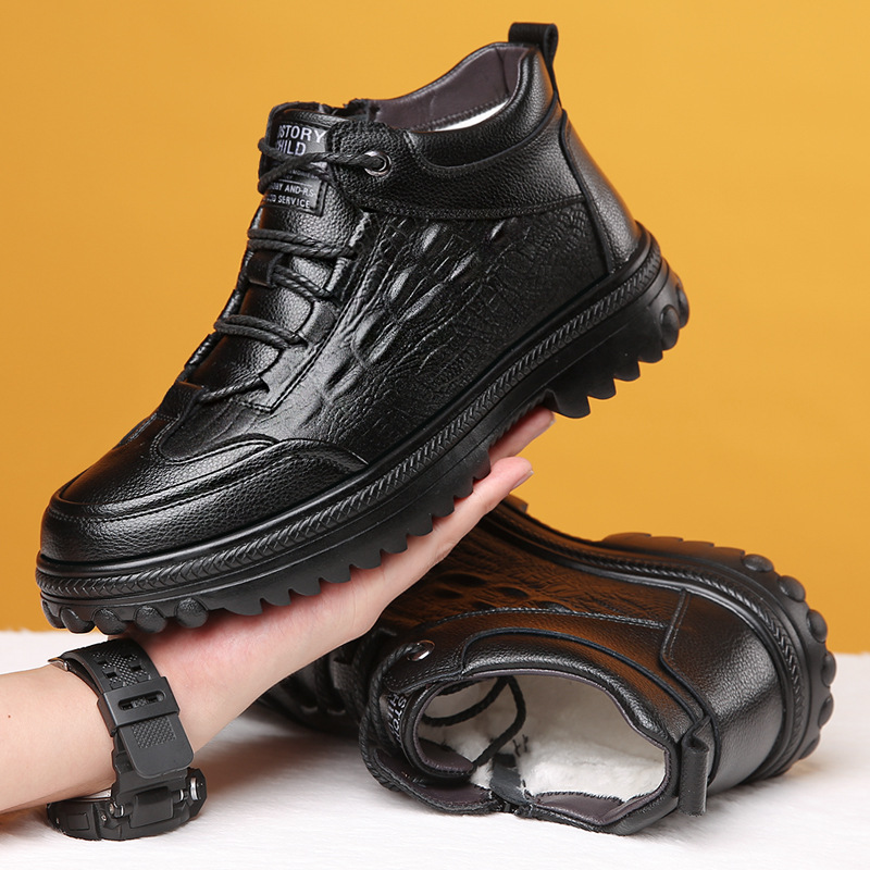 鳄鱼纹冬季棉鞋男保暖加绒加厚东北冬天爸爸鞋皮毛一体男士棉皮鞋