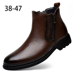 男圆头擦色复古休闲男式 皮靴侧拉链棉靴透气马丁靴低跟皮靴男鞋