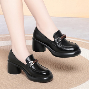 一件代发一脚蹬乐福鞋妈妈鞋皮鞋百搭春秋单鞋女士中高跟女鞋厚底