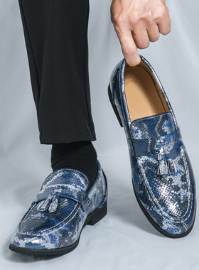 跨境大码48男士流苏乐福鞋2026夏季新蛇纹皮休闲一脚蹬懒人豆豆鞋