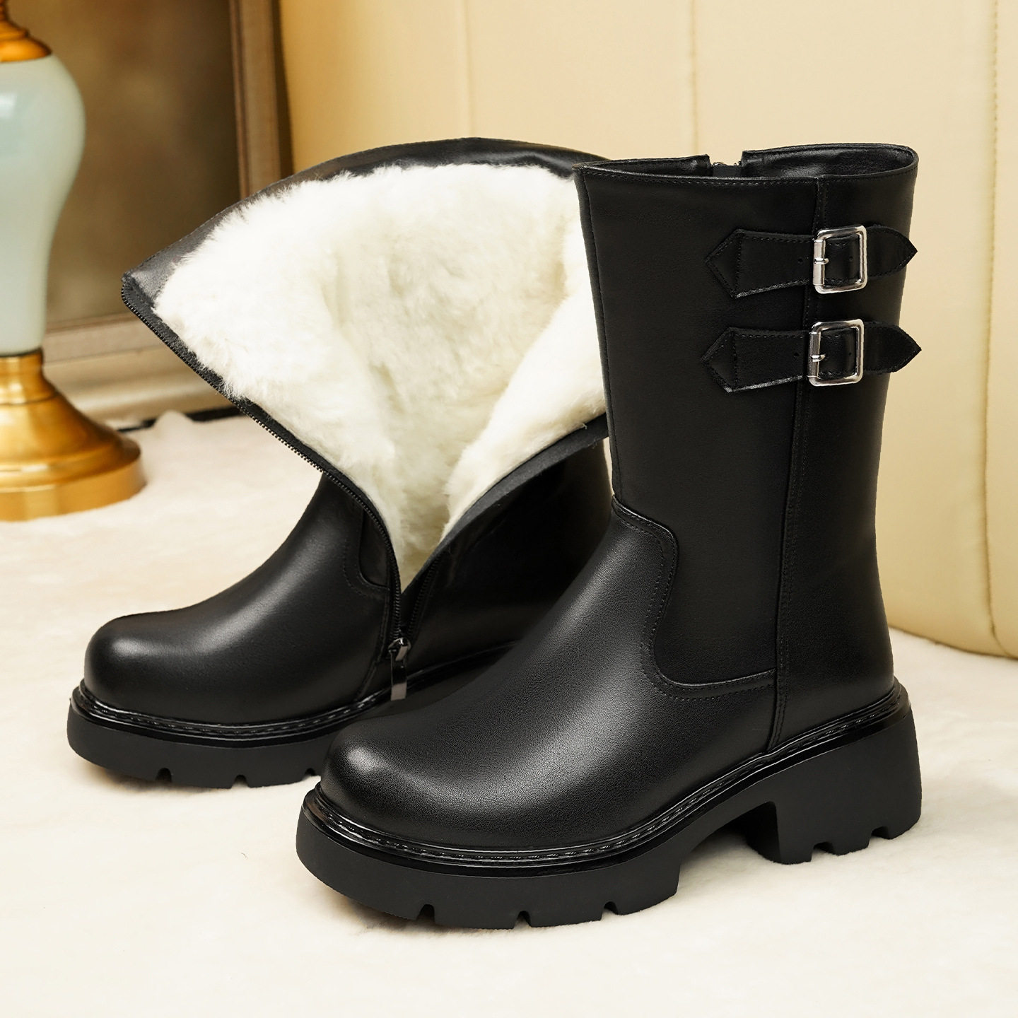 真皮羊毛靴子女款马丁靴冬季加绒中筒靴东北皮毛一体半筒雪地棉鞋,运动鞋new,运动休闲鞋,淘宝优惠券,粉丝福利购,淘宝优惠卷