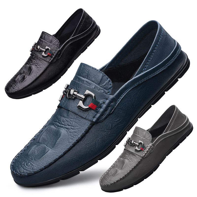 新款压花鳄鱼纹豆豆鞋跨境大码圆头驾车鞋休闲鞋牛皮两用懒人男鞋