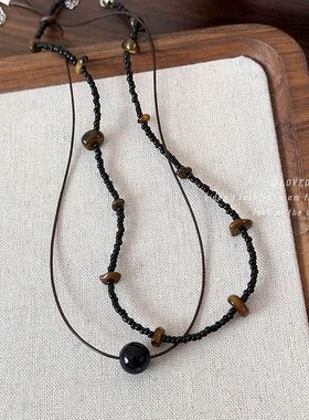 新中式黑色串珠项链爆款度假风复古木纹不规则珠子叠戴锁骨链配饰