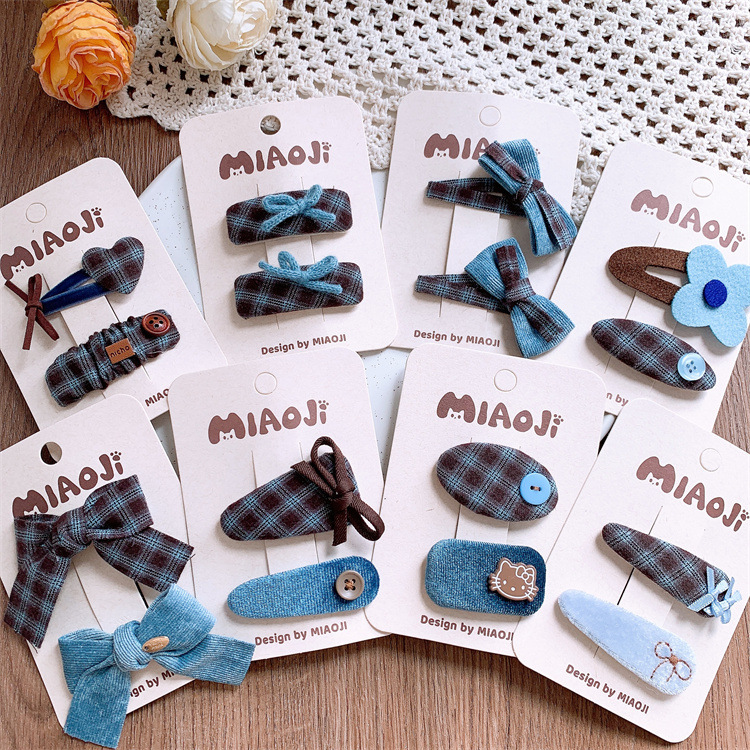 新款蓝咖色儿童布艺格纹蝴蝶结发夹甜美女童侧边刘海碎发BB夹发卡