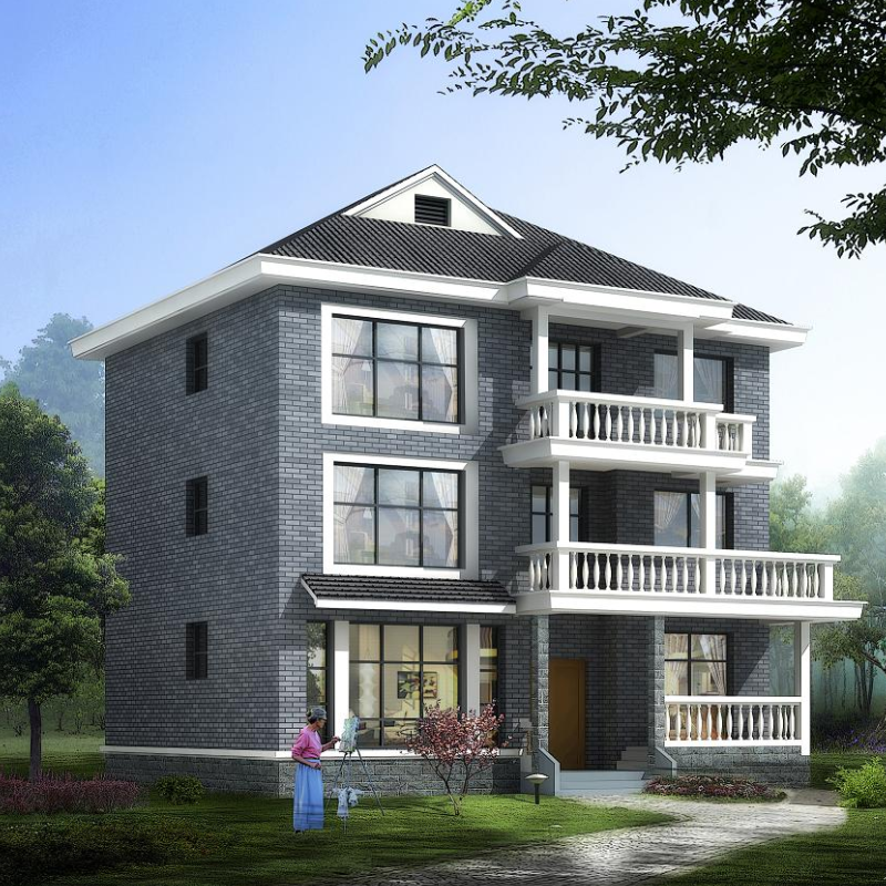 开间13进深11米129平三层别墅设计图纸农村自建房屋瓦屋面效果图