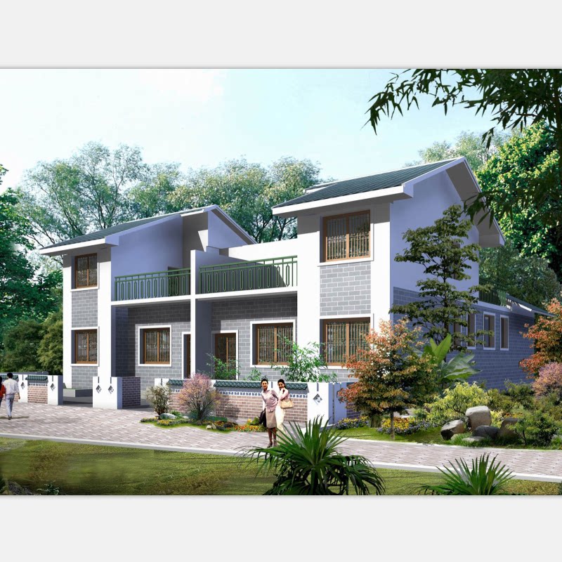 4进深17.6米166平两层农村双拼别墅设计图纸自建房屋院子