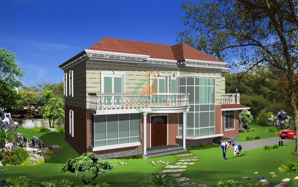 四开间15进深8米二层农村小别墅方案设计效果图纸自建房旋转楼梯