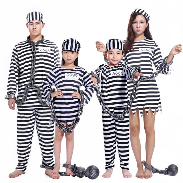 万圣节服装成人条纹囚犯衣服儿童女囚衣服男囚服警察男囚犯派对服_虎窝淘