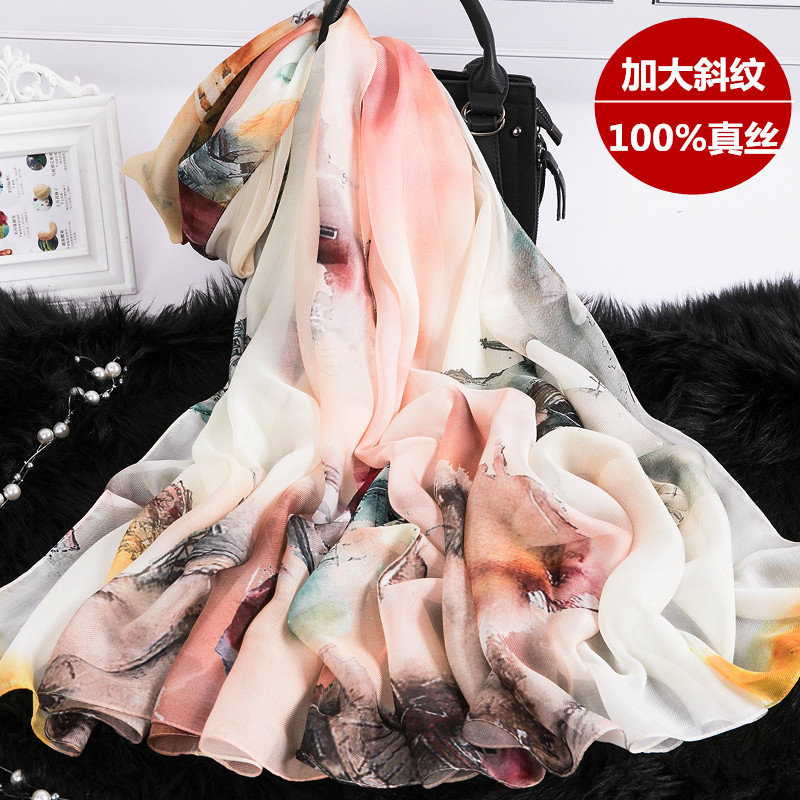奢华100%桑蚕丝围巾新款洋气时尚长款百搭披肩重磅斜纹真丝丝巾女