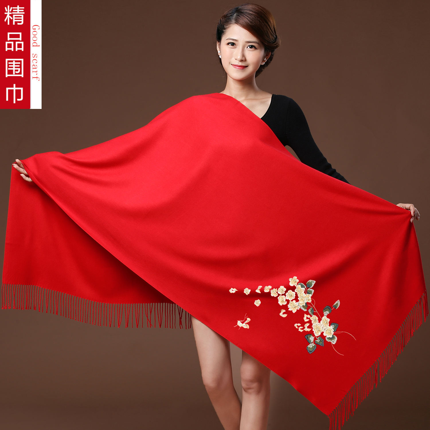 大红色围巾定制绣花围巾女秋冬季本命年刺绣围脖送妈妈仿羊绒披肩